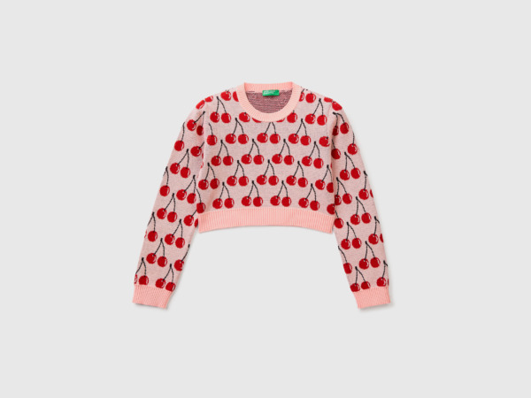 Benetton United Colors Of Cropped Sweater With Cherry Pattern In Pink Pink Female Womens SWEATERS GOOFASH