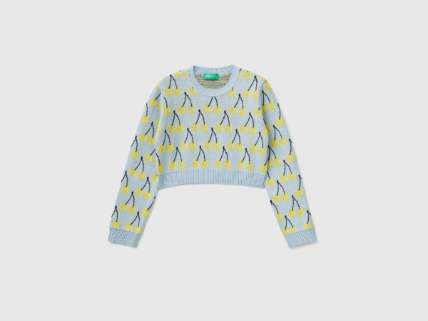 Benetton United Colors Of Cropped Sweater With Cherry Pattern In Sky Blue Pale Blue Female Womens SWEATERS GOOFASH