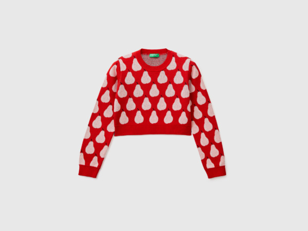 Benetton United Colors Of Cropped Sweater With Pear Pattern In Red Red Female Womens SWEATERS GOOFASH