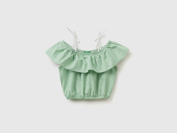 Benetton United Colors Of Cropped Top With Ruffles And Vichy Karos Light Green Female Womens TOPS GOOFASH
