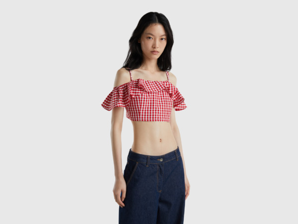 Benetton United Colors Of Cropped Top With Vichy Karos And Volant Red Female Womens TOPS GOOFASH
