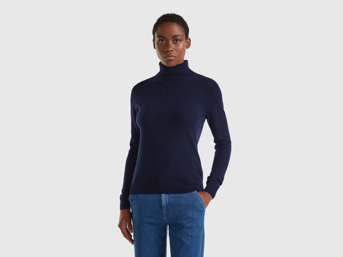 Benetton United Colors Of Dark Blue Roll Collar Sweater Made Of Merino Dark Blue Female Womens SWEATERS GOOFASH