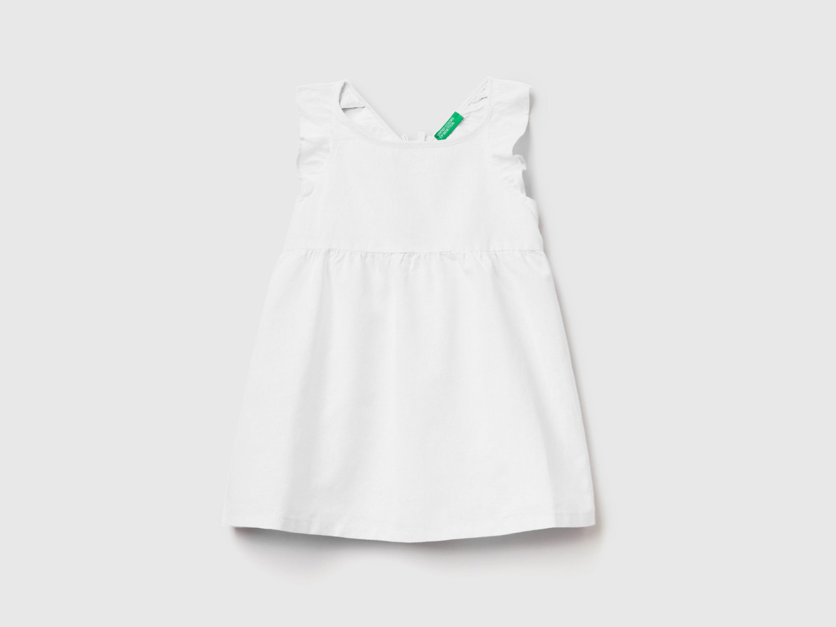 Benetton United Colors Of Dress From Linen Mixture With Volant White Female Womens DRESSES GOOFASH