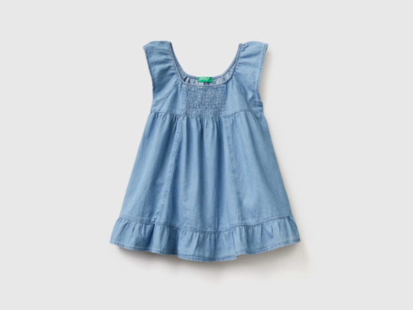 Benetton United Colors Of Dress Made Of Chambray With Ruffles Light Blue Female Womens DRESSES GOOFASH