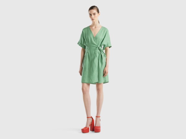 Benetton United Colors Of Dress Made Of Pure Linen With Knot Green Female Womens DRESSES GOOFASH