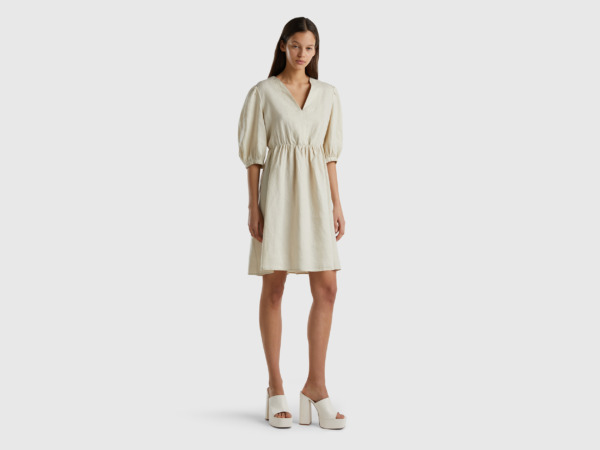Benetton United Colors Of Dress Made Of Pure Linen With V-Neck Beige Female Womens DRESSES GOOFASH