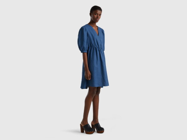 Benetton United Colors Of Dress Made Of Pure Linen With V-Neck Blue Female Womens DRESSES GOOFASH