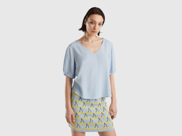Benetton United Colors Of Flowing Blouse With Short Sleeves Pale Blue Female Womens BLOUSES GOOFASH