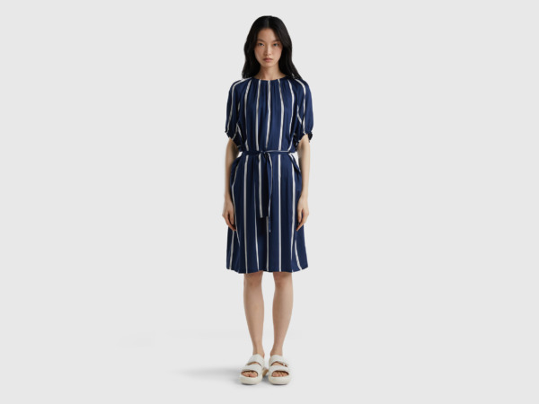 Benetton United Colors Of Flowing Dress With Strip Pattern Dark Blue Female Womens DRESSES GOOFASH