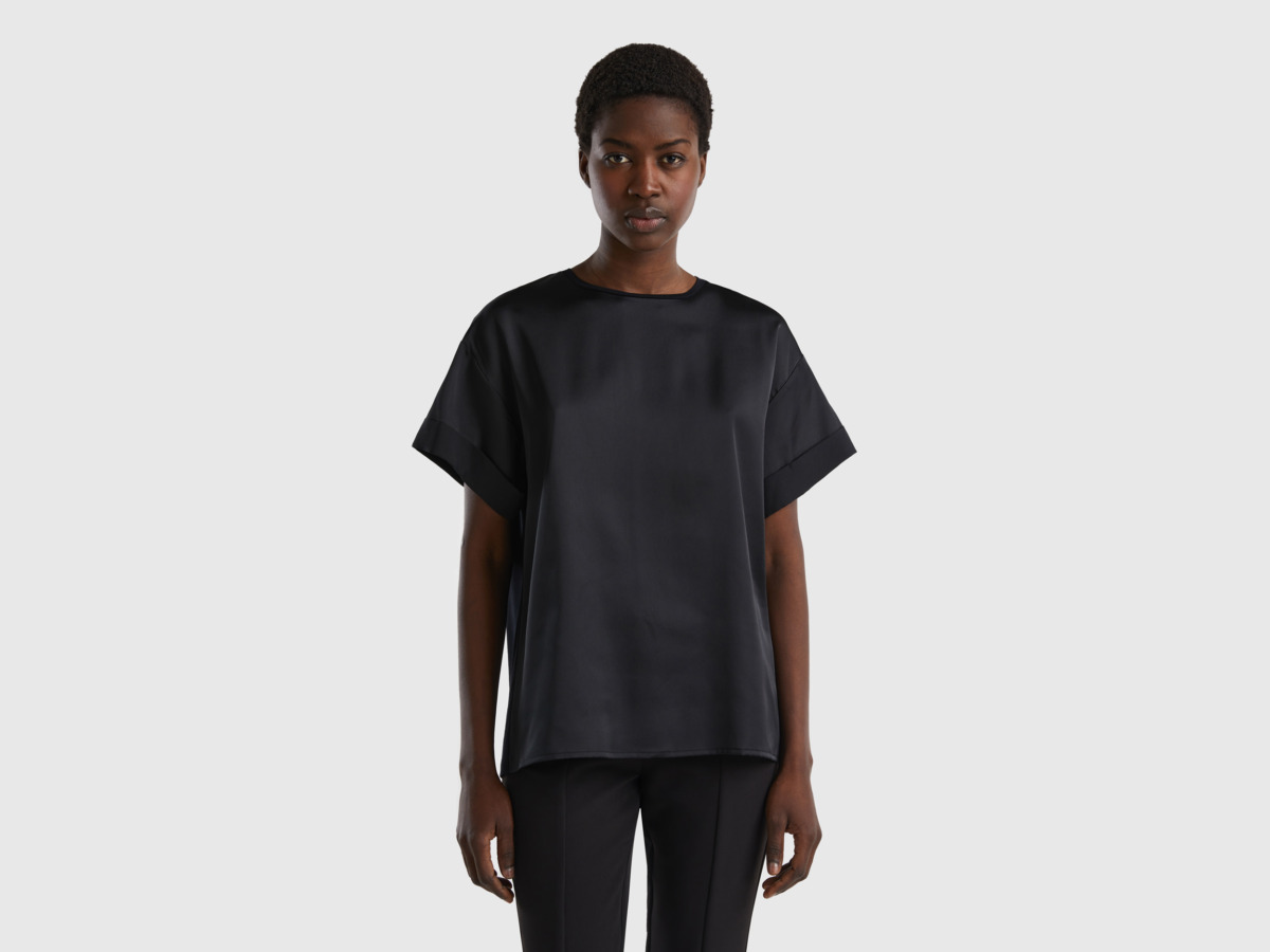 Benetton United Colors Of Flowing T-Shirt With Short Sleeves Black Female Womens T-SHIRTS GOOFASH