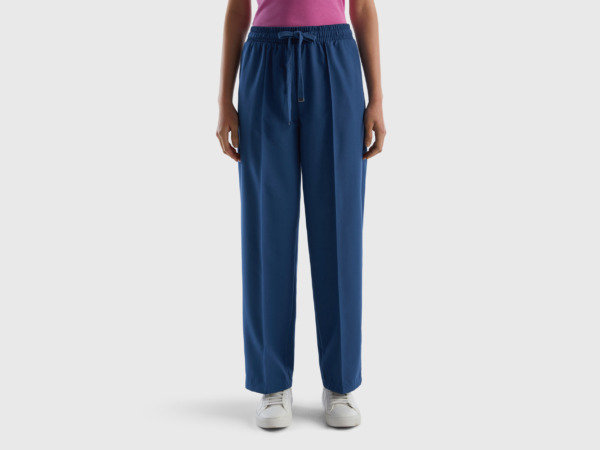 Benetton United Colors Of Flowing Trousers With Tunnel Train Blue Female Womens TROUSERS GOOFASH