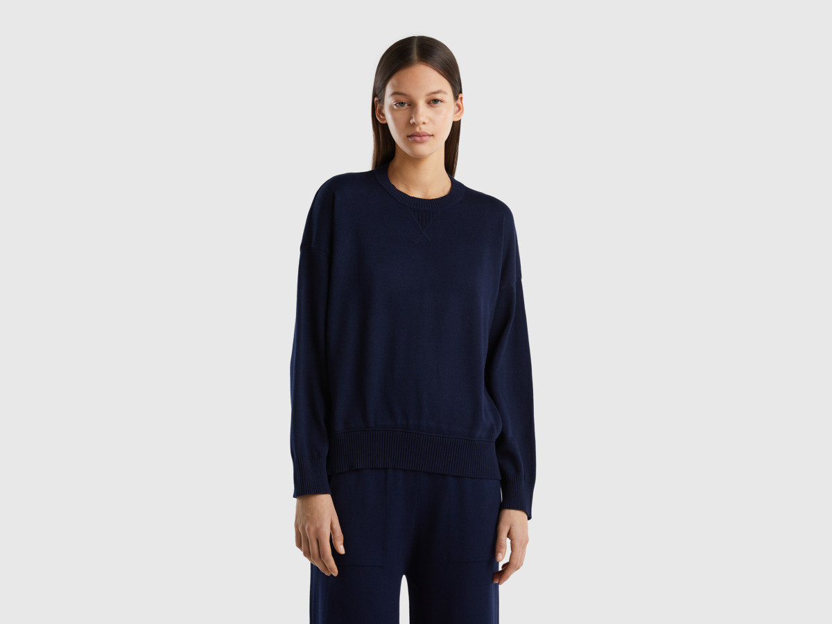 Benetton United Colors Of Jersey Sweater With Round Neck Dark Blue Female Womens SWEATERS GOOFASH