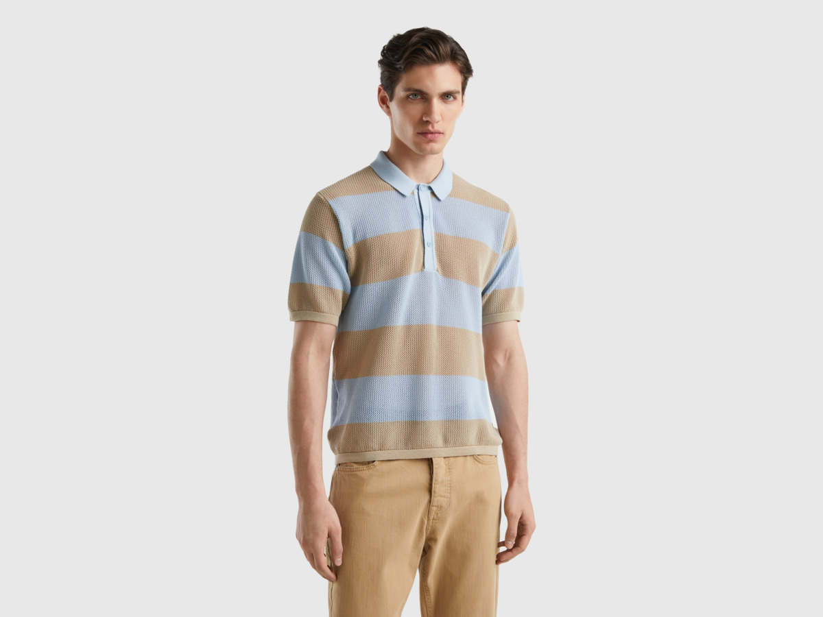 Benetton United Colors Of Knitted Polo With Strip Pattern In Sky Blue And Beige Pale Blue Male Mens POLOSHIRTS GOOFASH