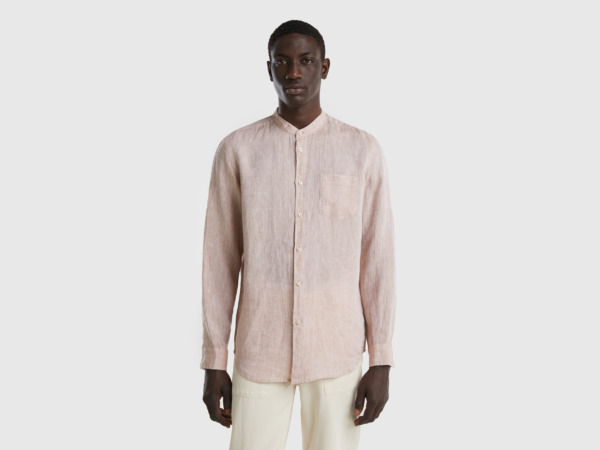 Benetton United Colors Of Linen Shirt With Korean Collar Beige Male Mens SHIRTS GOOFASH