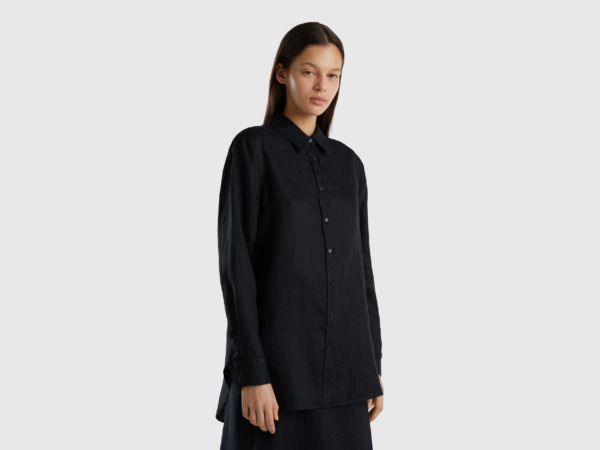 Benetton United Colors Of Long Blouse Made Of Pure Linen Black Female Womens BLOUSES GOOFASH