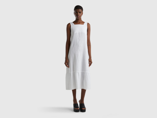 Benetton United Colors Of Long Dress Made Of Pure Linen With Ruffles White Female Womens DRESSES GOOFASH