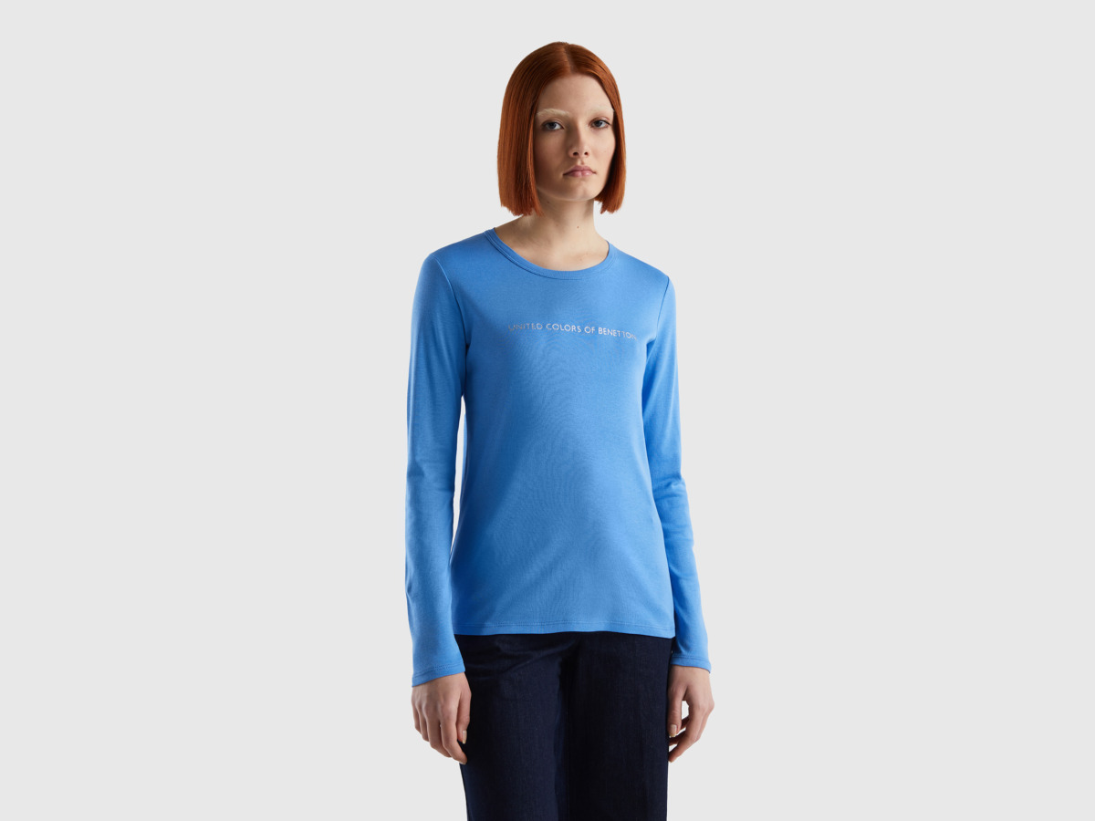 Benetton United Colors Of Long Sleeved Light Blue T-Shirt Made Of Light Blue Female Womens T-SHIRTS GOOFASH