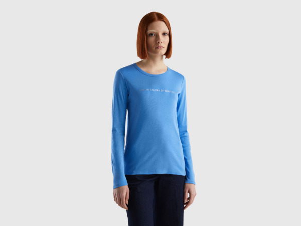 Benetton United Colors Of Long Sleeved Light Blue T-Shirt Made Of Light Blue Female Womens T-SHIRTS GOOFASH