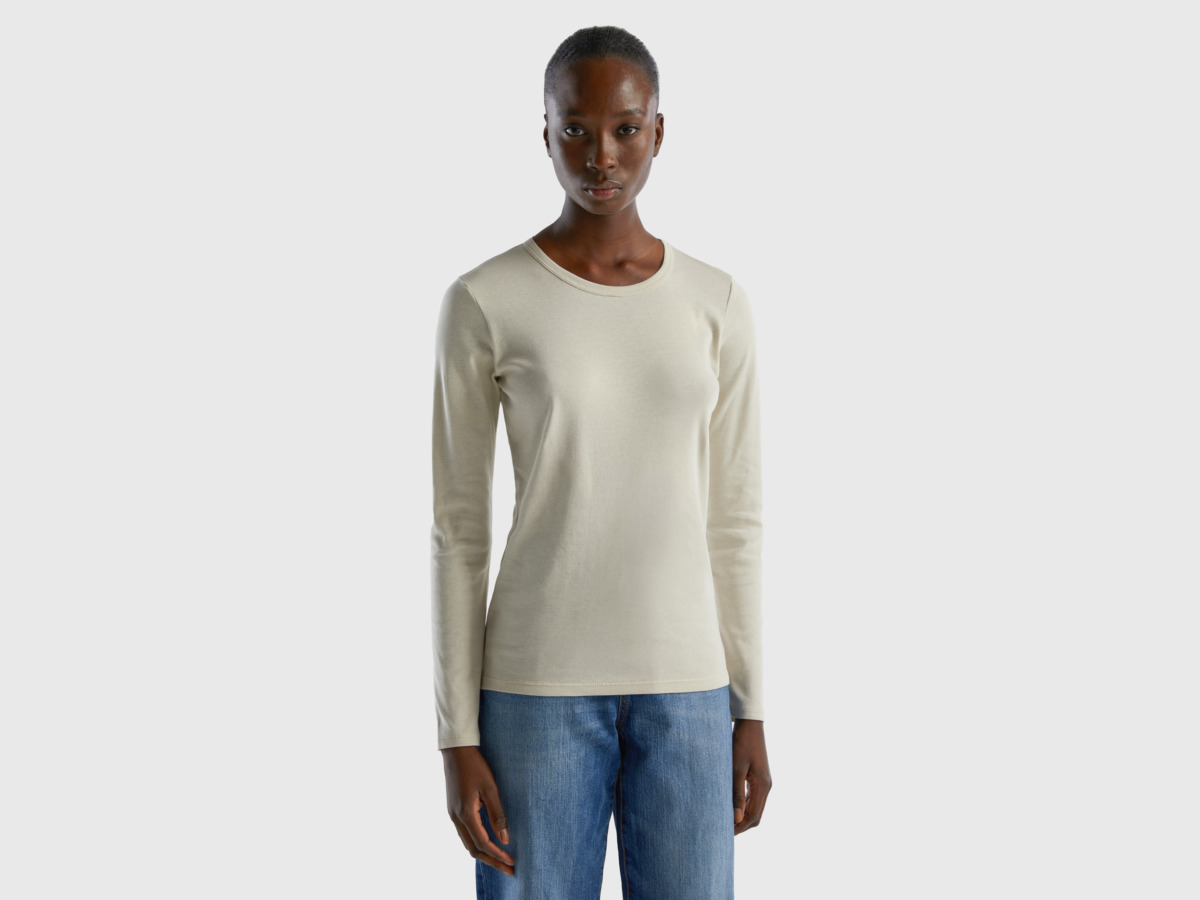 Benetton United Colors Of Long Sleeved T-Shirt Made Of Pure Beige Female Womens T-SHIRTS GOOFASH