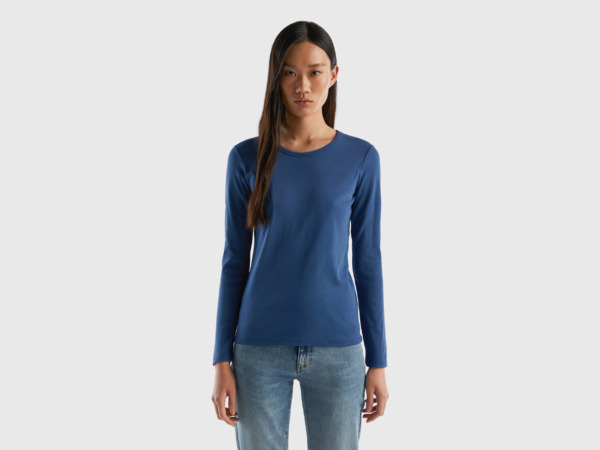 Benetton United Colors Of Long Sleeved T-Shirt Made Of Pure Blue Female Womens T-SHIRTS GOOFASH