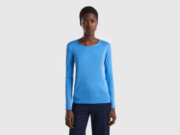 Benetton United Colors Of Long Sleeved T-Shirt Made Of Pure Light Blue Female Womens T-SHIRTS GOOFASH