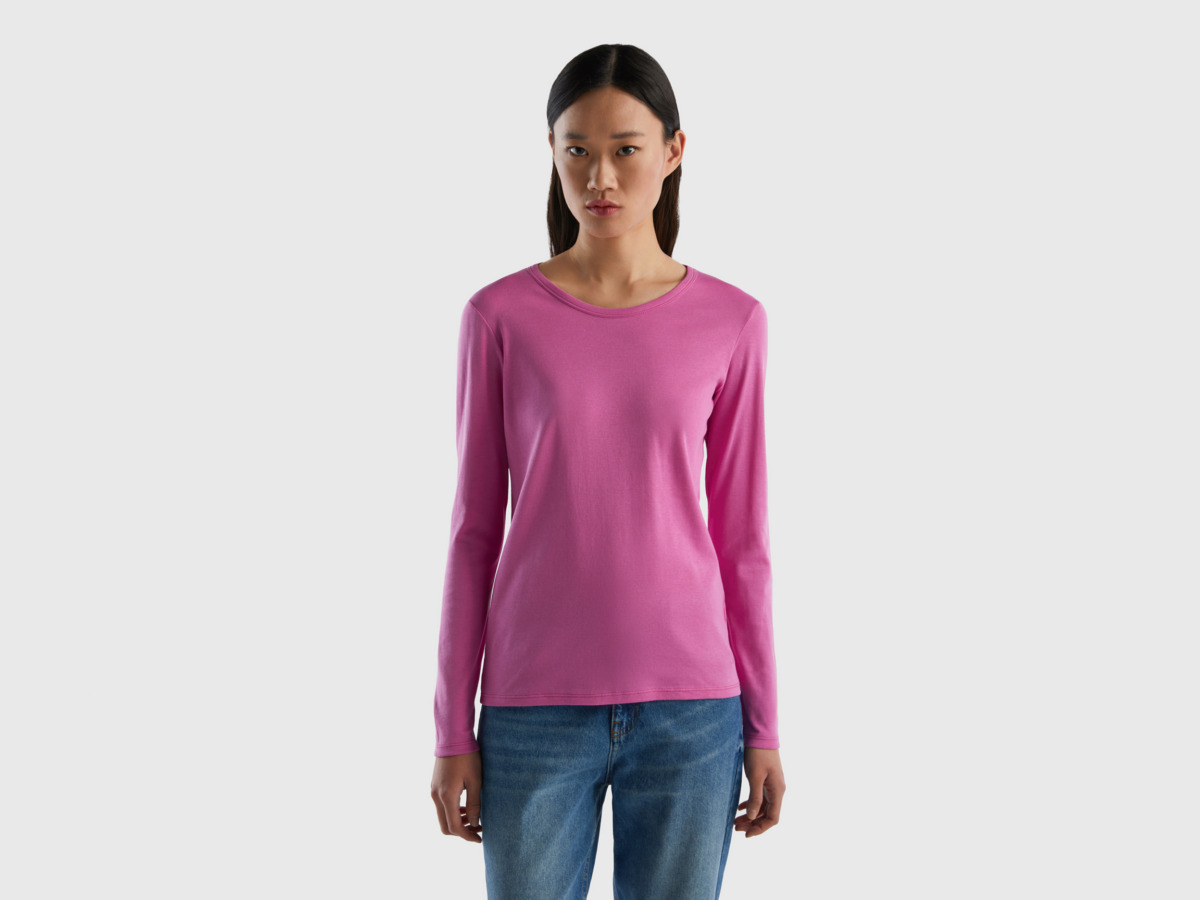 Benetton United Colors Of Long Sleeved T-Shirt Made Of Pure Pink Female Womens T-SHIRTS GOOFASH
