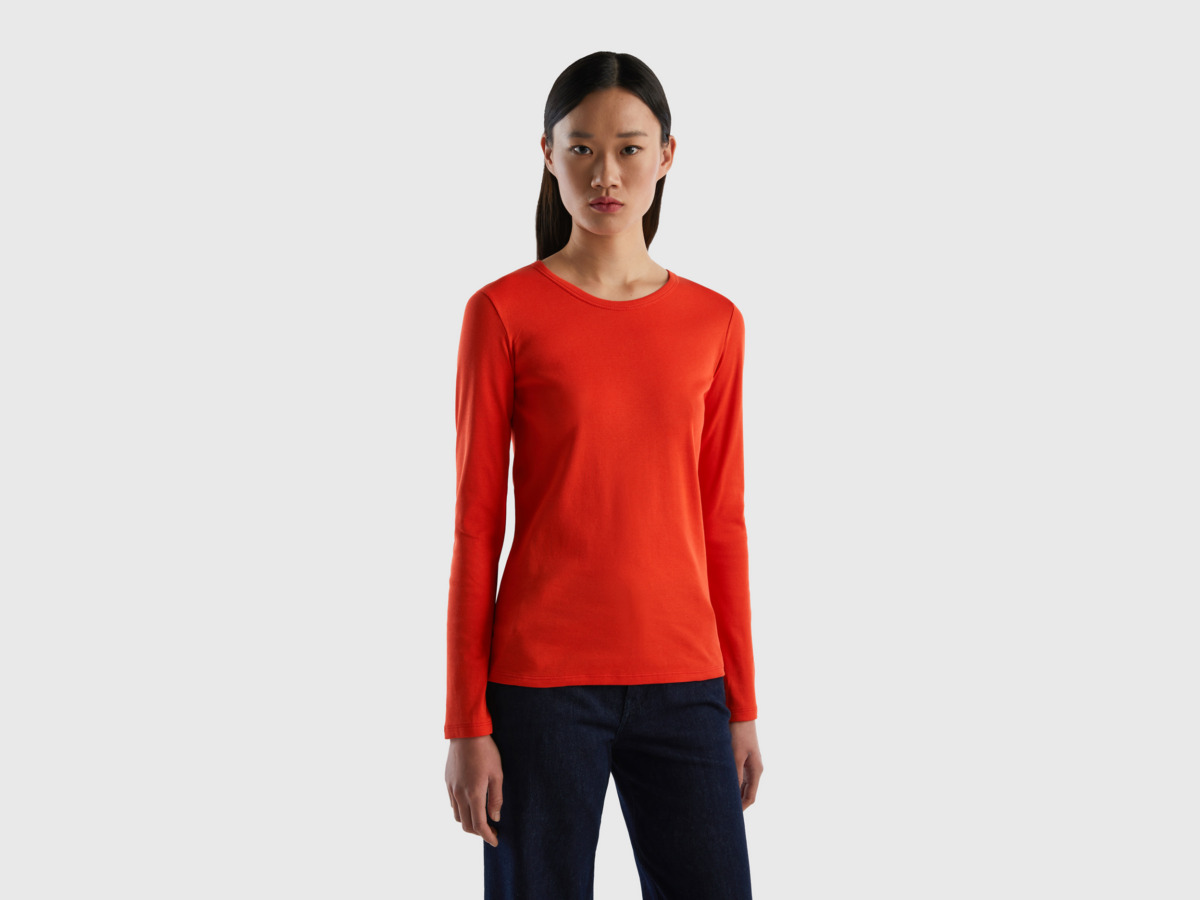 Benetton United Colors Of Long Sleeved T-Shirt Made Of Pure Red Female Womens T-SHIRTS GOOFASH