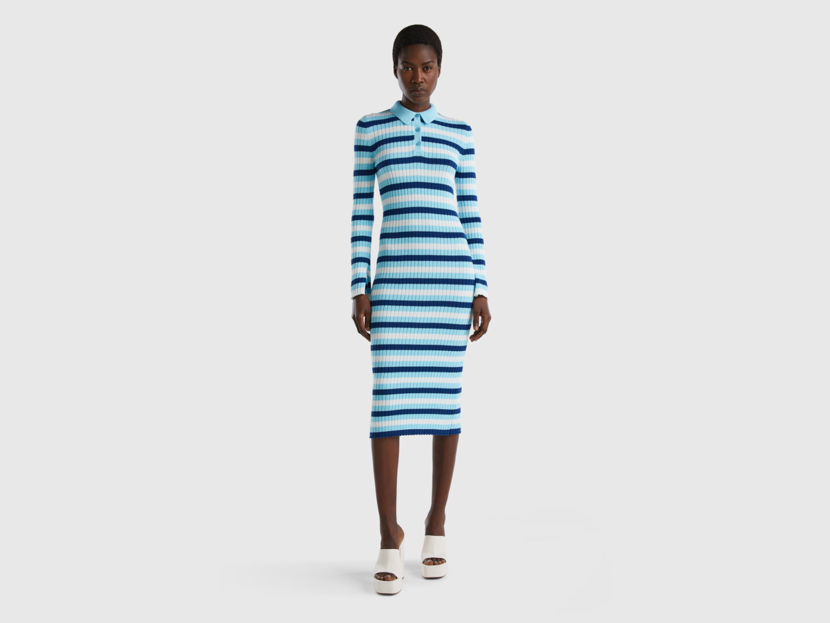 Benetton United Colors Of Midi Dress With Stripes Light Blue Female Womens DRESSES GOOFASH