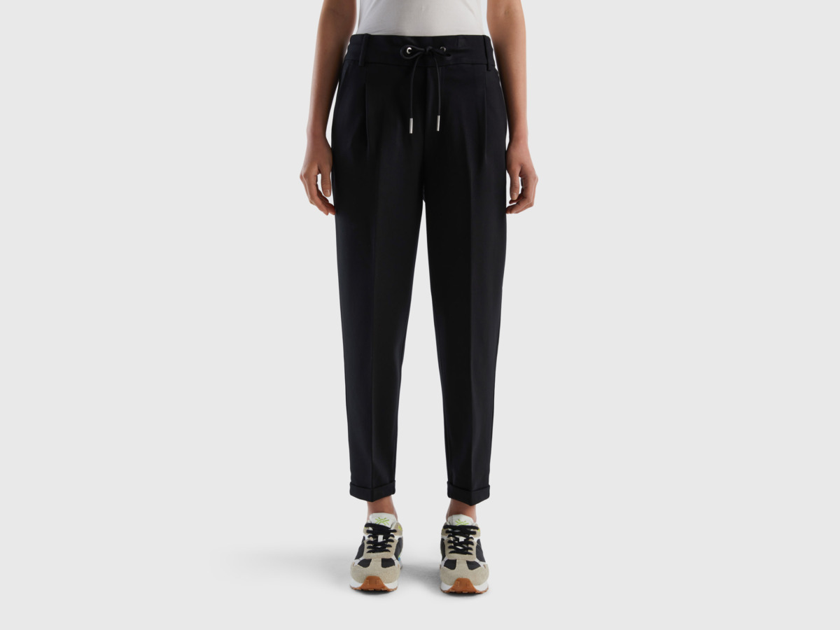 Benetton United Colors Of Monochrome Trousers With Tunnel Train Black Female Womens TROUSERS GOOFASH
