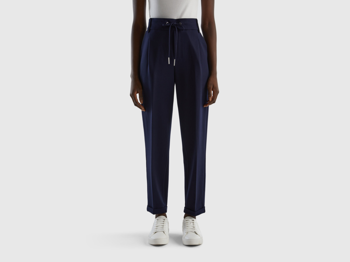Benetton United Colors Of Monochrome Trousers With Tunnel Train Dark Blue Female Womens TROUSERS GOOFASH