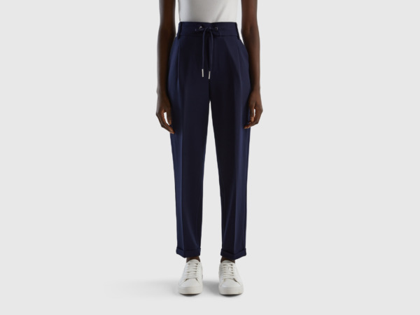 Benetton United Colors Of Monochrome Trousers With Tunnel Train Dark Blue Female Womens TROUSERS GOOFASH
