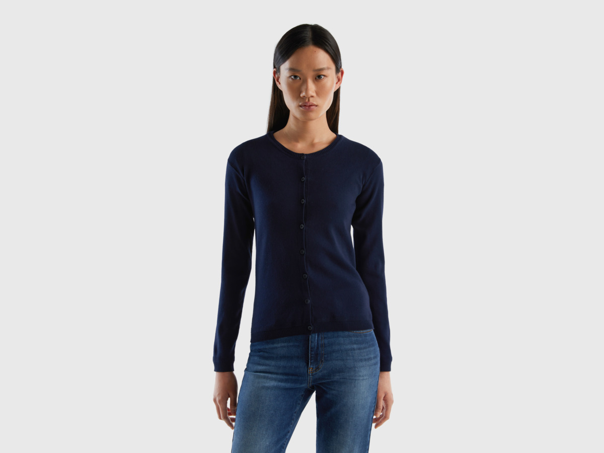 Benetton United Colors Of Online Exclusive Cardigan With Round Excerpt Made Of Pure Dark Blue Female Womens KNITWEAR GOOFASH