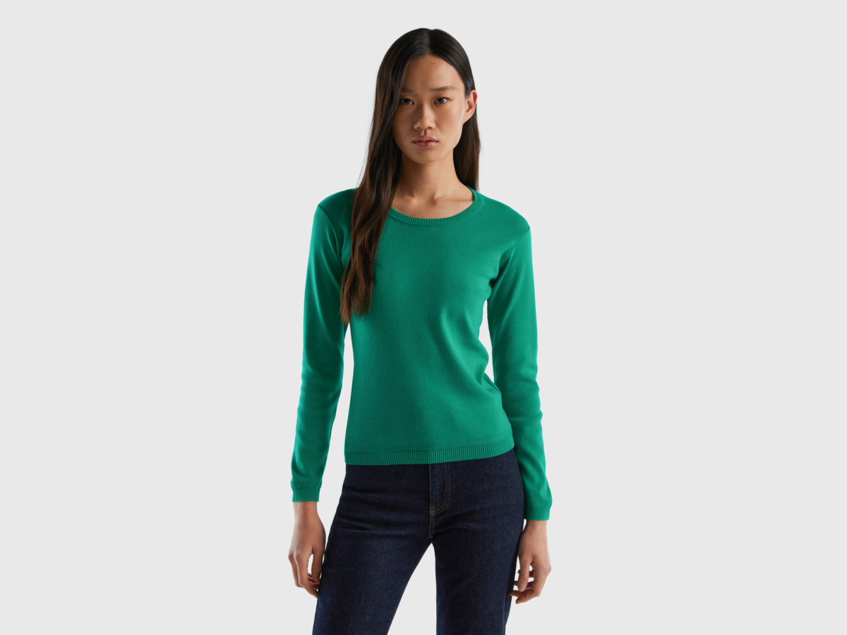 Benetton United Colors Of Online Exclusive Sweater With Round Excerpt Made Of Pure Green Female Womens SWEATERS GOOFASH