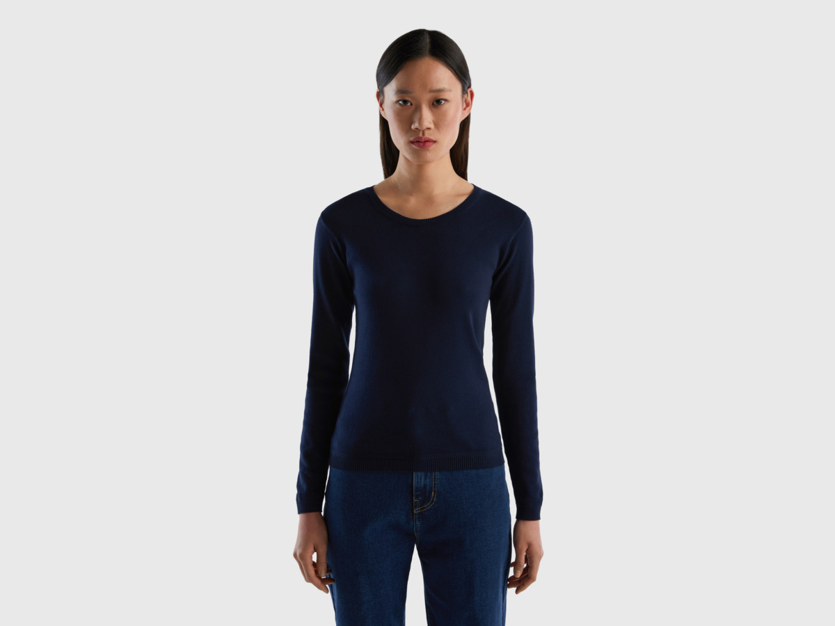 Benetton United Colors Of Online Exclusive Sweater With Round Neckline Made Of Pure Dark Blue Female Womens SWEATERS GOOFASH