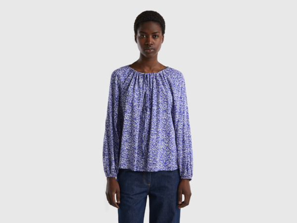 Benetton United Colors Of Patterned Blouse With Ligaments Traffic Blue Female Womens BLOUSES GOOFASH