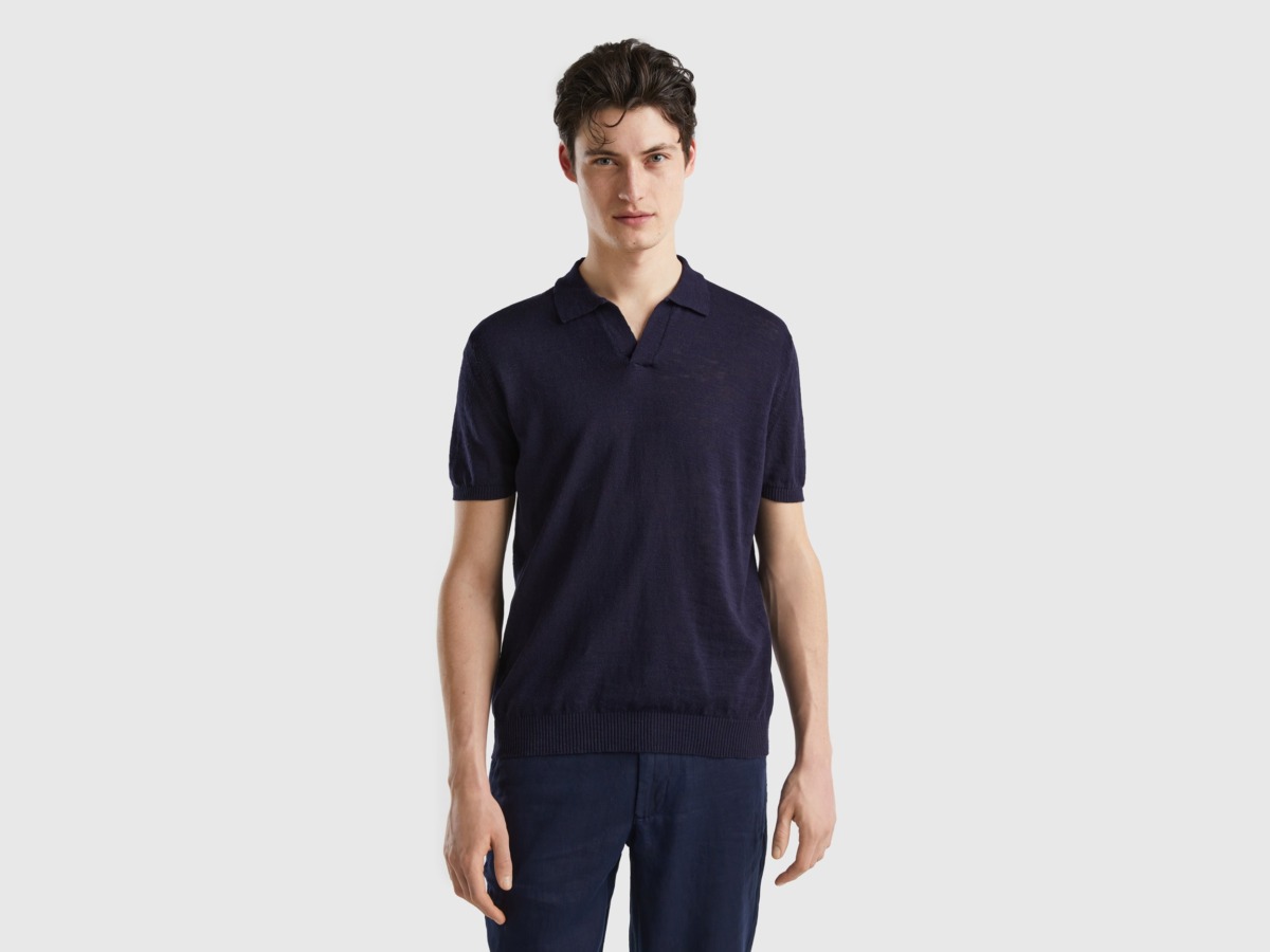 Benetton United Colors Of Polo From Linen Mixture Dark Blue Male Mens POLOSHIRTS GOOFASH