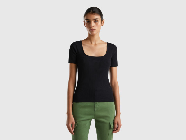 Benetton United Colors Of Ribbed T-Shirt With Wide Neckline Black Female Womens T-SHIRTS GOOFASH