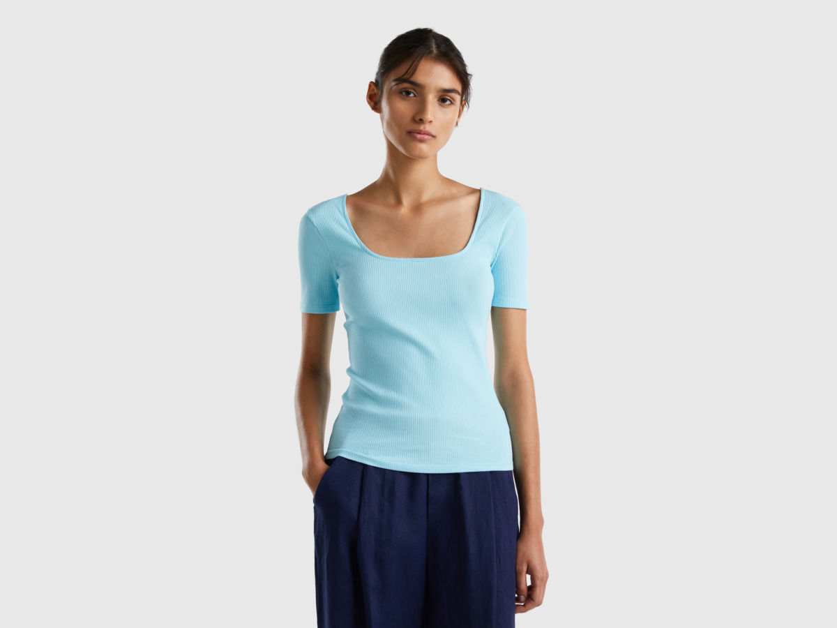 Benetton United Colors Of Ribbed T-Shirt With Wide Neckline Light Blue Female Womens T-SHIRTS GOOFASH