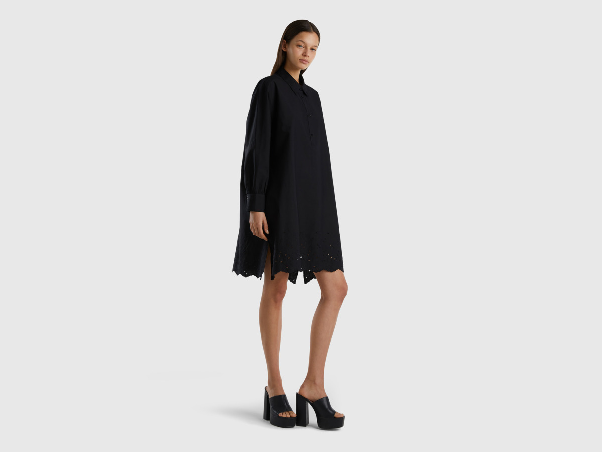 Benetton United Colors Of Shirt Dress With Perforated Embroidery Black Female Womens DRESSES GOOFASH