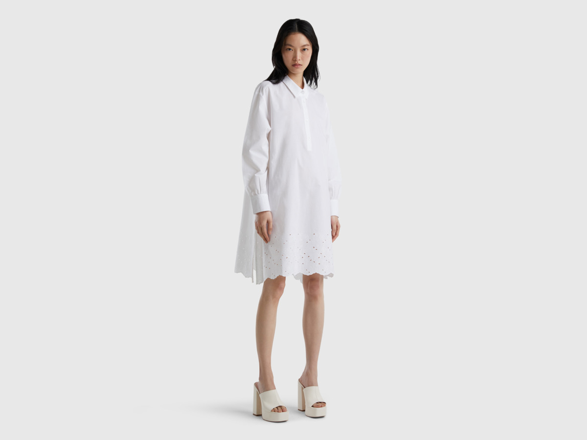 Benetton United Colors Of Shirt Dress With Perforated Embroidery White Female Womens DRESSES GOOFASH