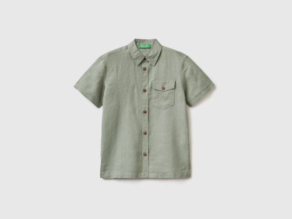 Benetton United Colors Of Shirt Made Of Linen Mixture With Short Sleeves Green Times Men Mens SHIRTS GOOFASH