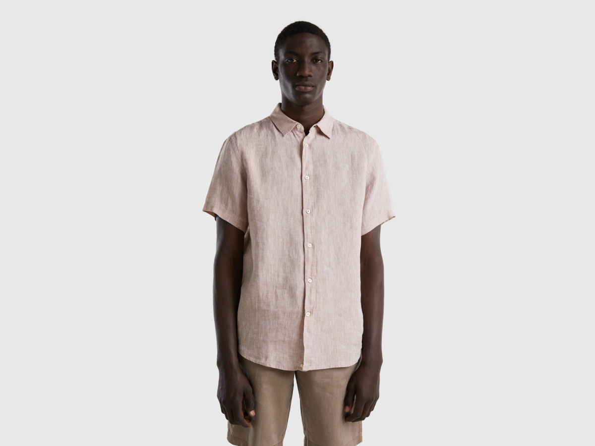 Benetton United Colors Of Shirt Made Of Linen With Short Sleeves Beige Male Mens SHIRTS GOOFASH