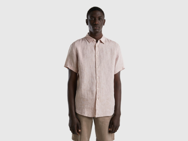 Benetton United Colors Of Shirt Made Of Linen With Short Sleeves Beige Male Mens SHIRTS GOOFASH