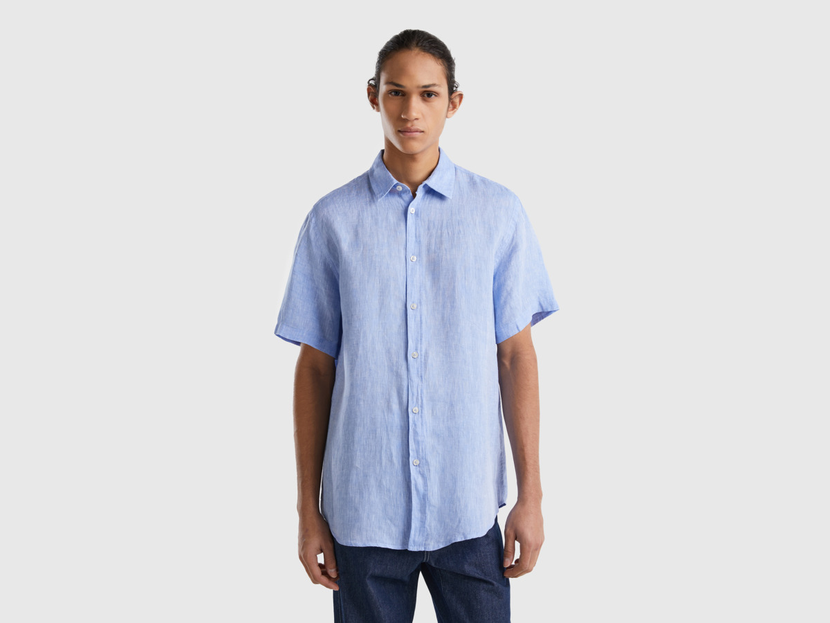 Benetton United Colors Of Shirt Made Of Linen With Short Sleeves Light Blue Paint Man Mens SHIRTS GOOFASH
