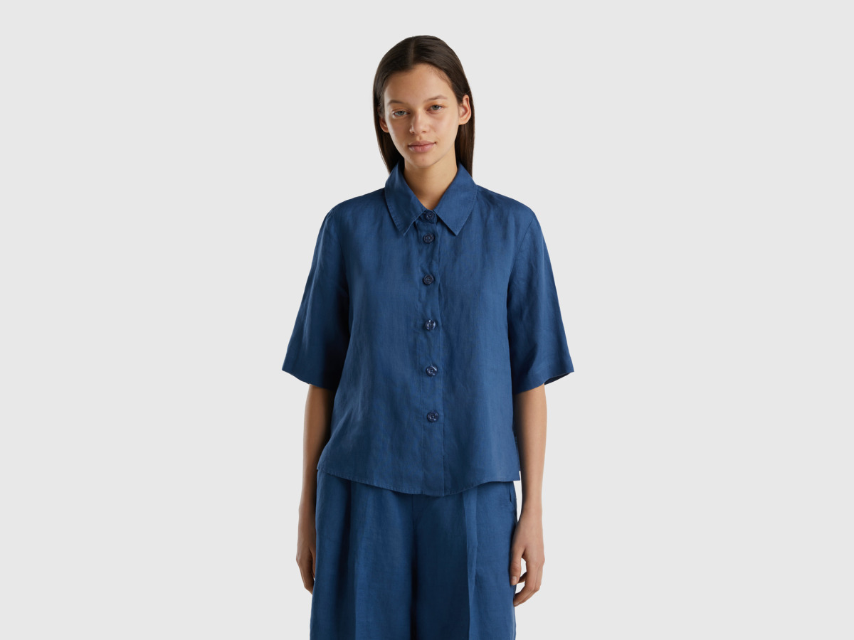 Benetton United Colors Of Short Blouse Made Of Pure Linen Blue Female Womens BLOUSES GOOFASH