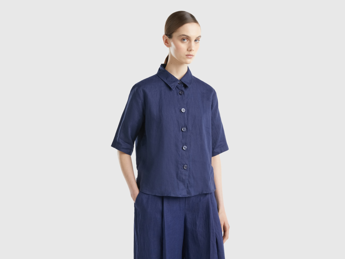 Benetton United Colors Of Short Blouse Made Of Pure Linen Dark Blue Female Womens BLOUSES GOOFASH