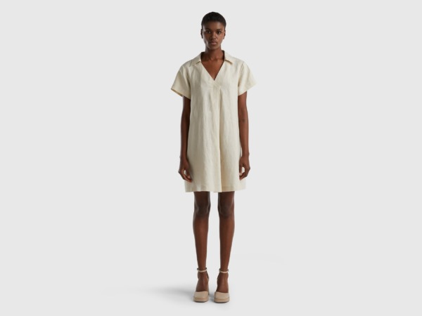 Benetton United Colors Of Short Dress Made Of Pure Linen Beige Female Womens DRESSES GOOFASH