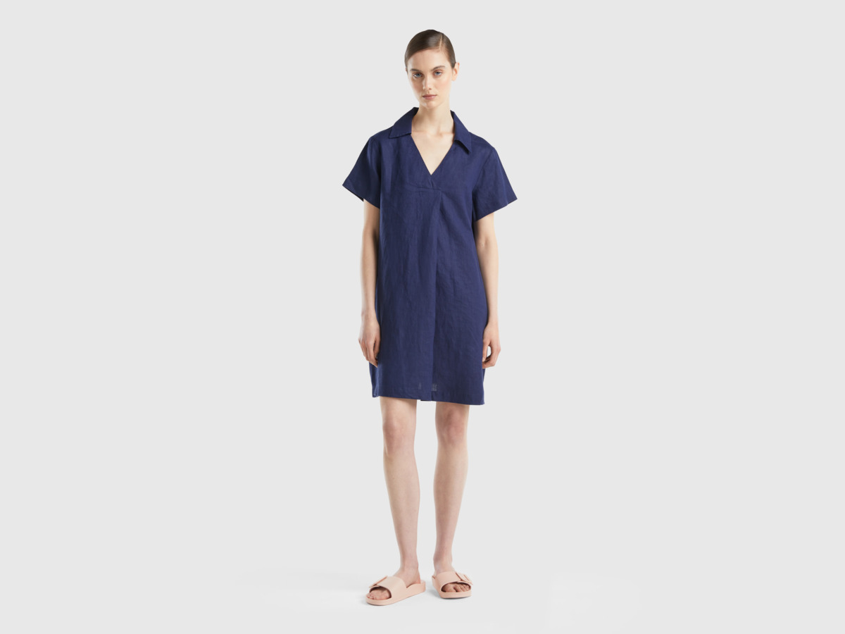 Benetton United Colors Of Short Dress Made Of Pure Linen Dark Blue Female Womens DRESSES GOOFASH