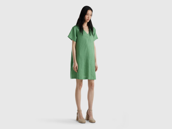 Benetton United Colors Of Short Dress Made Of Pure Linen Green Female Womens DRESSES GOOFASH