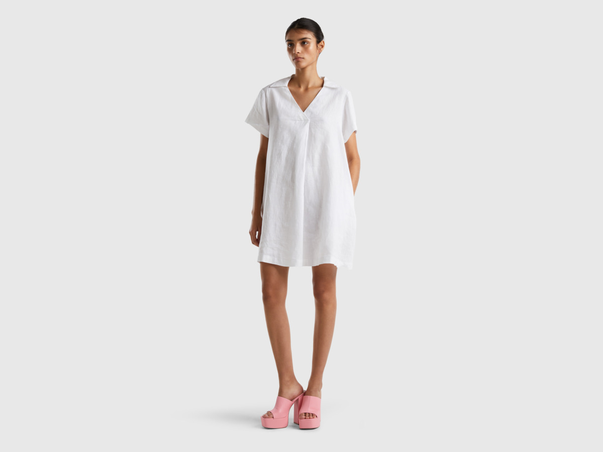 Benetton United Colors Of Short Dress Made Of Pure Linen White Female Womens DRESSES GOOFASH